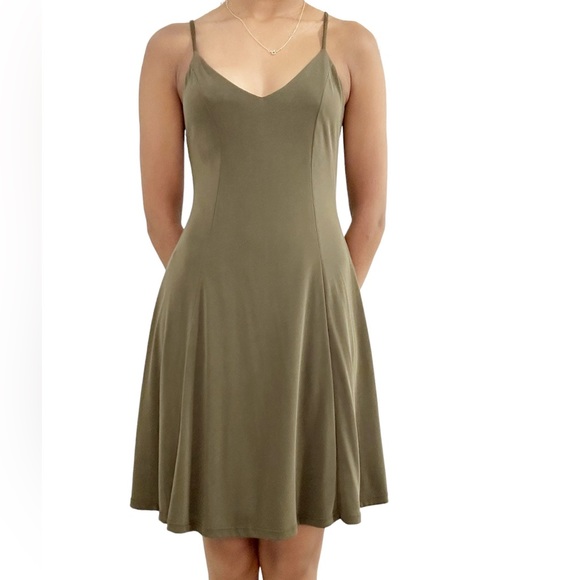 Olive Green Spaghetti Strap Mini Summer Dress. Soft Fabric, Flowy Loose Fit. - Picture 2 of 5